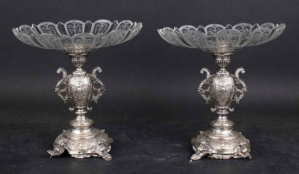 Pair of Continental Silver Plated and Glass Tazzas. Pair of Continental Silver Plated and Glass 
