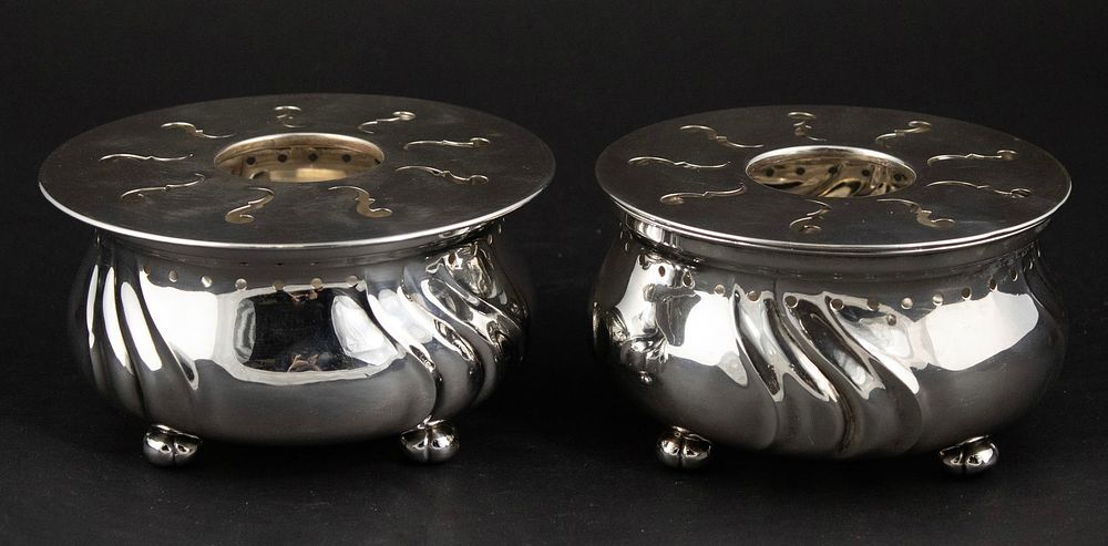 Two 835 Silver Reticulated Rechauds on Bun Feet. Two 835 Silver Reticulated Rechauds on Bun 