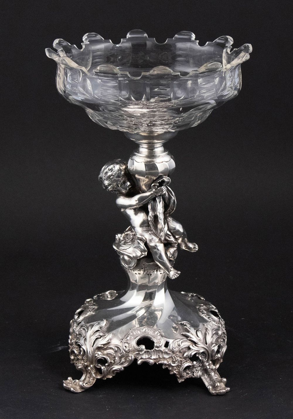 French Silver and Glass Center Bowl. French Silver and Glass Center Bowl With cherub. 
11 1/2 