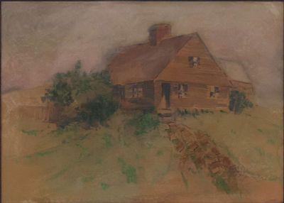 Hezekiah Anthony Dyer, 1872-1943, Brown House on Hill, Mixed Media Drawing. Hezekiah Anthony 