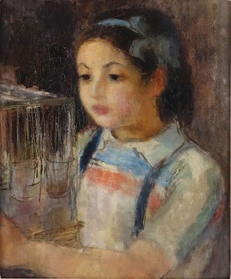 Olga Dormandi, Hungarian 1900-1971, Petite Fille a la Cage, Oil on Canvas. Olga 
