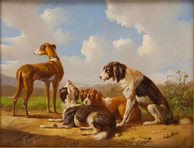 Albert Verhoesen, Dutch 1801-1881, Pack of Dogs Basking in Sun, Oil on Board. Albert 