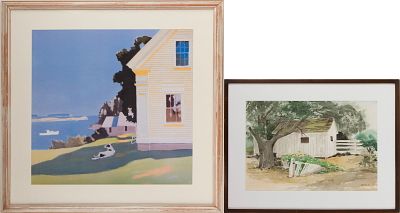 Sun-Drenched Waterfront House, Print. Sun-Drenched Waterfront House Print 20th C, unsigned. 