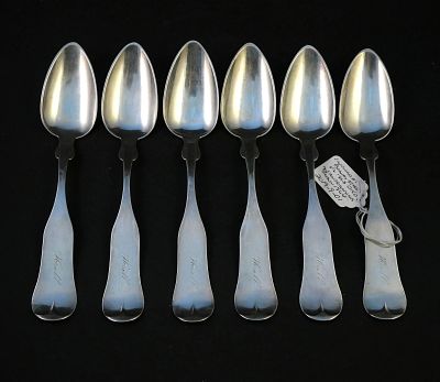Six American Coin Silver Tablespoons. Six American Coin Silver Tablespoons Fiddleback spoons 