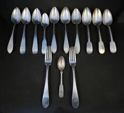 Nine Vintage Silver Tablespoons. Nine Vintage Silver Tablespoons Many marked 13 Loth or coin 
