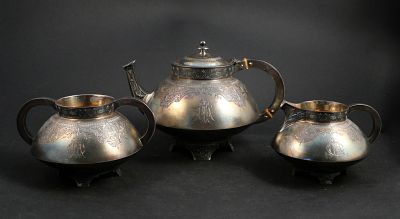 Gorham Sterling Silver Aesthetic Movement Tea Set. Gorham Sterling Silver Aesthetic Movement 