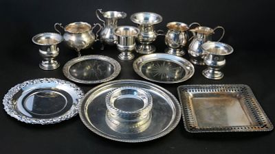 Collection of Sterling Plates, Urns and Coasters. Collection of Sterling Plates, Urns and 
