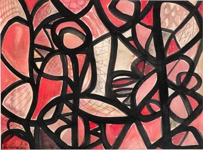 Fahrelnissa Zeid, Turkish 1901-1991, Abstract in Red and Black, Watercolor. Fahrelnissa 