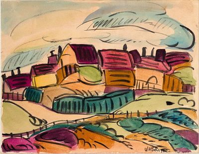 William Henry Johnson, 1901-1970, Village Scene, Mixed Media. William Henry Johnson 1901-1970 