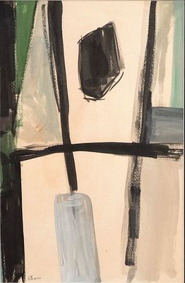 Theodoros Stamos, American/Greek 1922-1997, Abstract in Black and Green, Gouache. Theodoros 