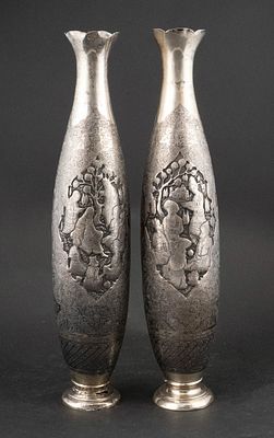 Pair of Silver Tall Middle Eastern Vases. Pair of Silver Tall Middle Eastern Vases In unmarked 