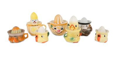 Seven Porcelain Figural Juicers. Seven Porcelain Figural Juicers Including, a clown, ducks 