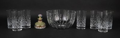 Crystal Serving Bowl. Crystal Serving Bowl Together with seven colorless glass highball glasses 