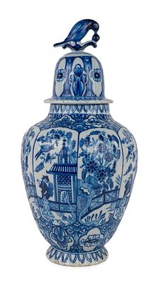 Chinoiserie Decorated Delft Blue and White Covered Jar. Chinoiserie Decorated Delft Blue and 