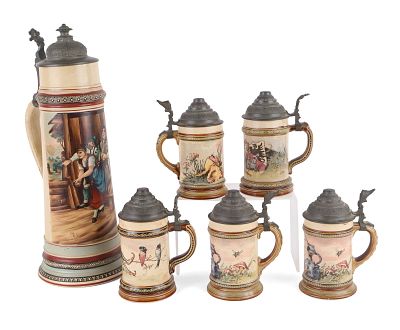 Five Mettlach Pictorial Quarter Liter Steins. Five Mettlach Pictorial Quarter Liter 