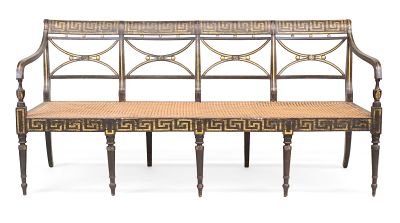 Regency Parcel-Gilt and Black-Painted Stencil Decorated Caned Seat Settee. Regency Parcel-Gilt 