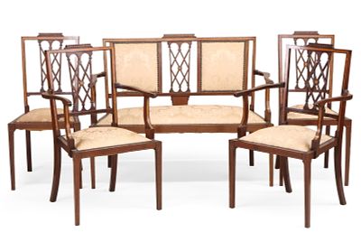 Edwardian Satinwood Inlaid Mahogany and Marquetry Salon Suite Early 20th C. comprising, a 
