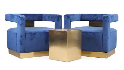 Pair of Meridian Armani Style Blue Velvet and Gold Toned Metal Accent Chairs. Pair of Meridian 