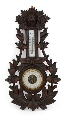 Black Forest Carved Walnut Barometer. Black Forest Carved Walnut Barometer Dial signed Palle 