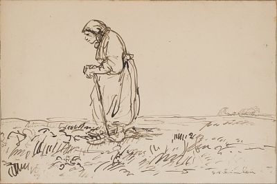 Theophile Alexandre Steinlen, Swiss/French 1859-1923, An Old Woman in the Field, Brown and Black Ink