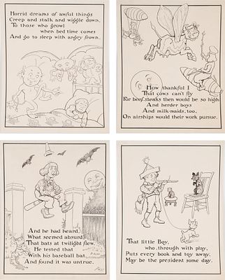 Charles L Bartholomew, American 1860-1949, Four Illustrations, Ink on Cardstock. Charles L 