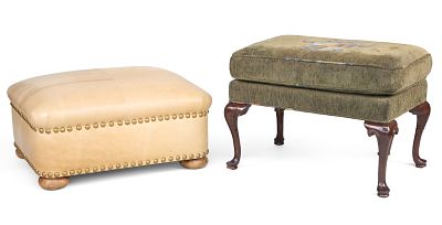Tan Leather and Brass Tack Ottoman. Tan Leather and Brass Tack Ottoman With bun feet. Together 