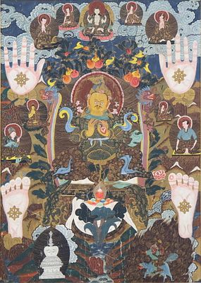 Framed Tibetan Thangka. Framed Tibetan Thangka With central figure of Jambhala and hand and 