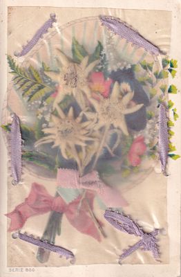 Поздравительное открытое письмо "Цветы". Апликация. Б.м. и г., 9 х 14 см
