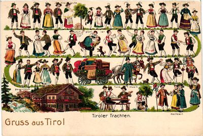 Открытое письмо "Привет из Тироля. Типы". Иностр.изд., б.г., 9 х 13,5 см. Подрезана по правому краю