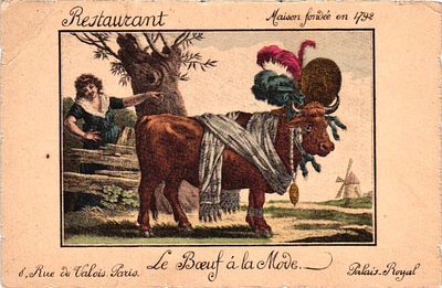 Реклама. Открытое письмо "Париж. Ресторан. Говядина по-модному". Б.м. и г., 9 х 14 см