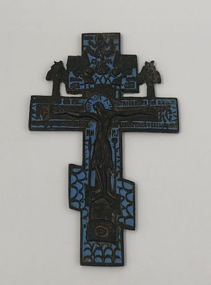 Старообрядческий киотный крест. Латунь, голубая эмаль, середина 19 века. Размер: 15,5х9,5см. 