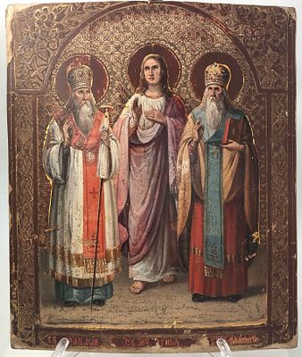 Икона с тремя Святыми : 1."Святой Афанасий Митрополит"; 2. "Святая Мученица Агния"; 3."Святой 