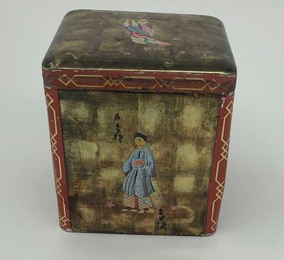 Металлическая коробка для зеленого китайского чая. Размер: 10х9,5х9см.. Небольшие потертости по 