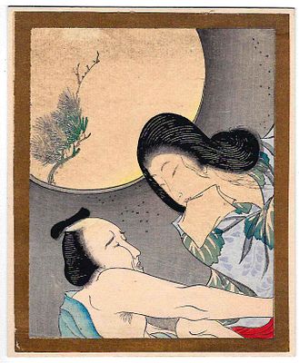 Япония. Эротика. Вырезка гравюры (Суримано). Бумага, печать, ручная подкраска. Автор Кэйсай 