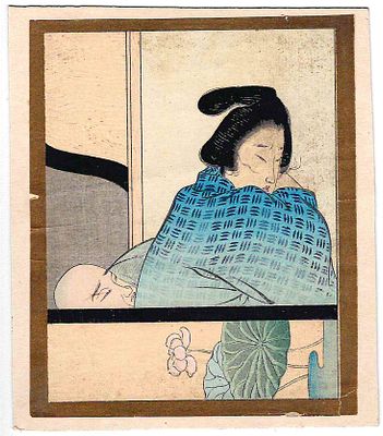 Япония. Эротика. Вырезка гравюры (Суримано). Бумага, печать, ручная подкраска. Автор Кэйсай 