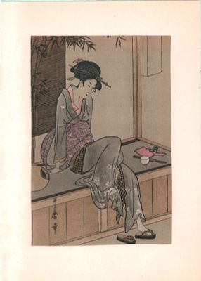 Япония. Утамаро "Тоскующая женщина". Цветная печать 1950-е годы. Размер: 20х13см., 27х19см.. 