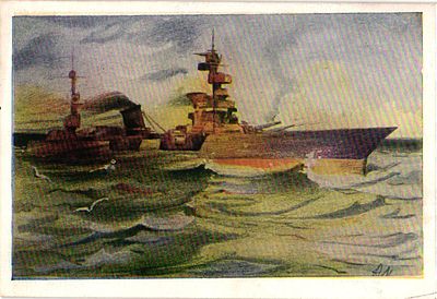 Почтовая карточка "На боевом курсе". Худ. А.И. Медельский. Л.: "Искусство", 1944г., 10,5 х 14,5 см