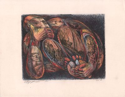 Печатный эстамп раскрашенный ручную. Окт. 1990г.. Размер: 38х30см.. Залом правого верхнего уголка.