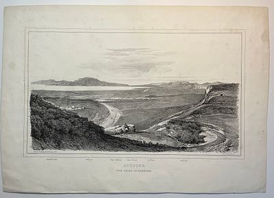 Литография "SICYONE". Vue Prise du Theatre. Размер: 36х50см. Временные пятна.