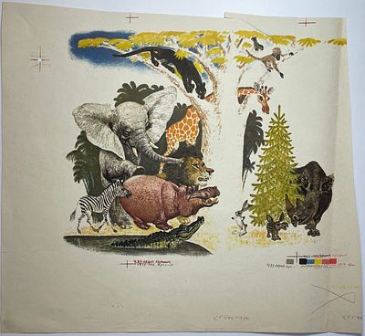 Иллюстрация к детской книге. Образец печати. Размер: 54х28см.. Неровно обрезан лист с 4-х 