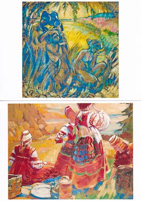 Подборка из 2 почтовых карточек "Живопись" худ. П.И. Субботин-Пермяк. Б.м. и г., 10,5 х 14,8 
