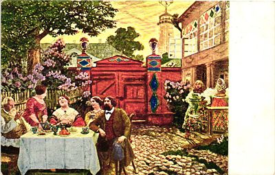 Открытое письмо "Чаепитие" Б.М. Кустолиев. В пользу общины Св. Евгении, б.г., 9 х 14 см