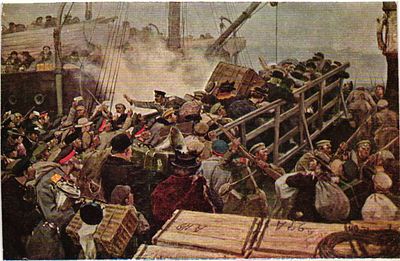 Почтовая карточка "Бегство буржуазии из Новороссийска в 1920г." худ. И.А. Владимиров. М.: Изд. 