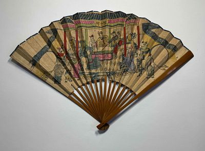 Китай. Веер с китайскими сюжетами. Гравюра (лубок) с ручной подкраской. Поздняя эпоха Цинь. 