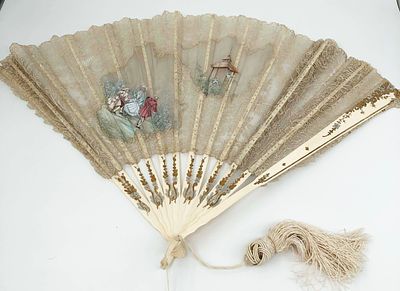 Веер. Франция, 1895г. Слоновая кость, резьба, кружево, шелк, роспись гуашью. Шнур, кисть 