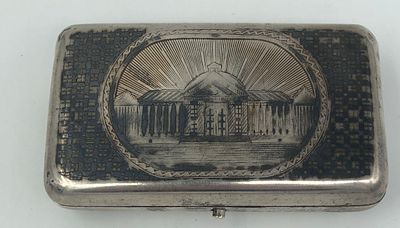 Портсигар с изображением Храма. 1872г. Серебро, 84 пробы, вес 132 гр. Штихель, чернение. 