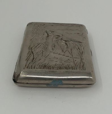 Портсигар "Охотничья собака с уткой". СССР, 60-70-е гг.. Металл. Размер: 10,5х8х1,5см. 