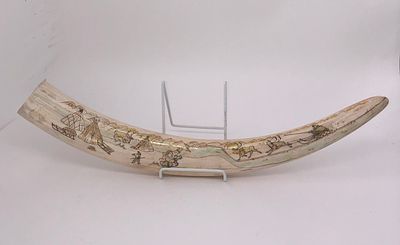 Бивень моржа с изображением юрт и оленей. Русский север. Размер 47х3см.. Имеются отверстия и 