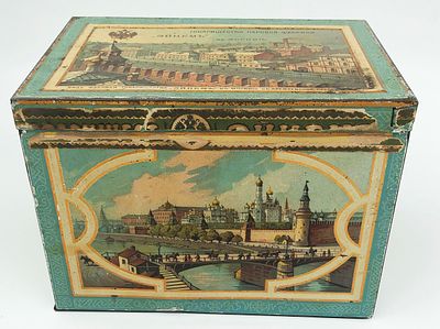 Кондитерская жестяная банка "Вид фабрики с Кремлёвской набережной". Товарищество Паровой 