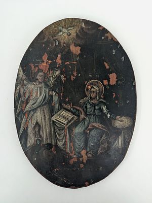 Икона "Благовещение". На иконе изображены: Архангел Гавриил, стоящий слева и держащий ветвь 